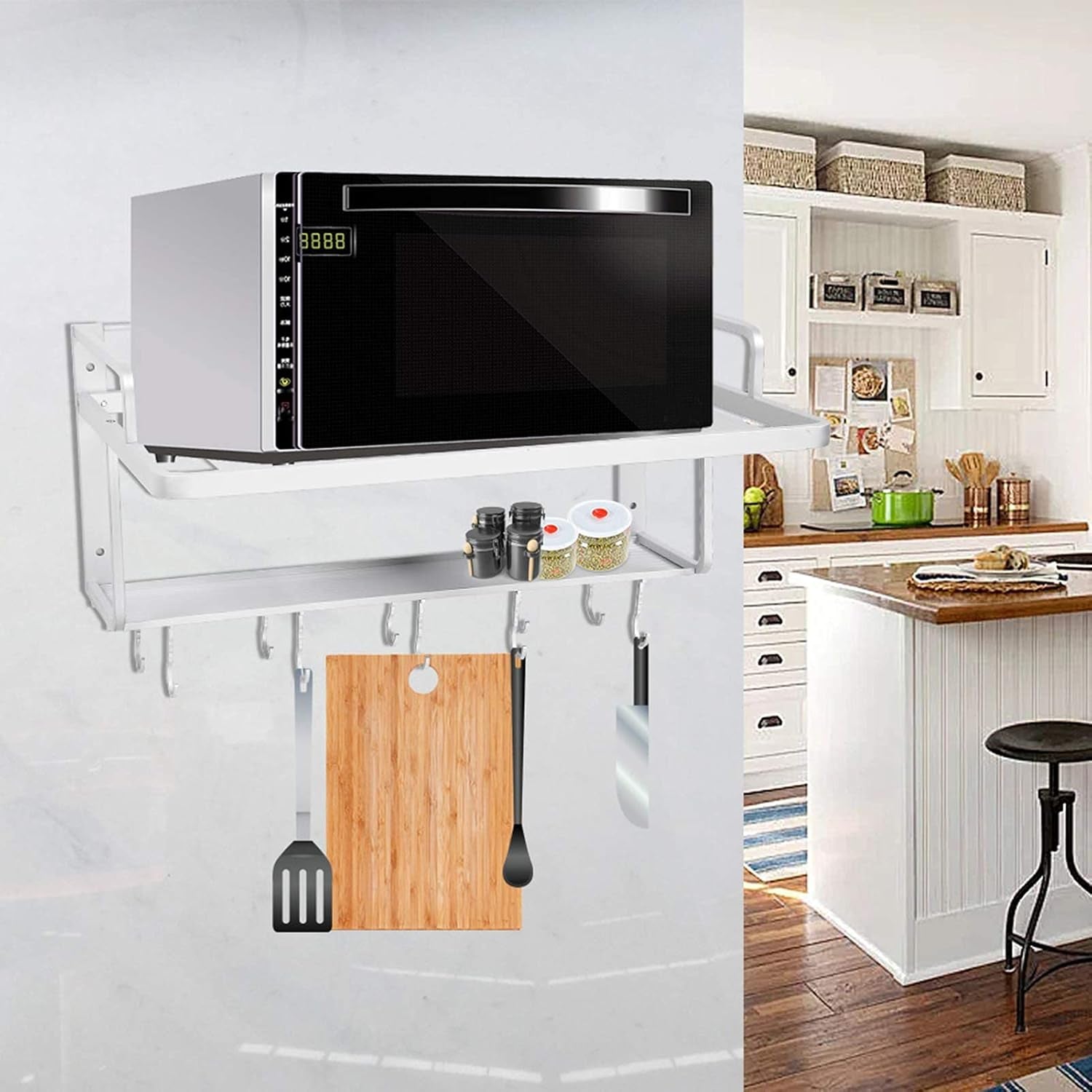 Etagere Micro Ondes Murale, Support De Four À Micro-Ondes, Étagère À Micro-Ondes, Support De Four À Double Couche En Aluminium, Avec Crochet Multifonction Pour Cuisine, 54,9 X 38,4 X 25 Cm