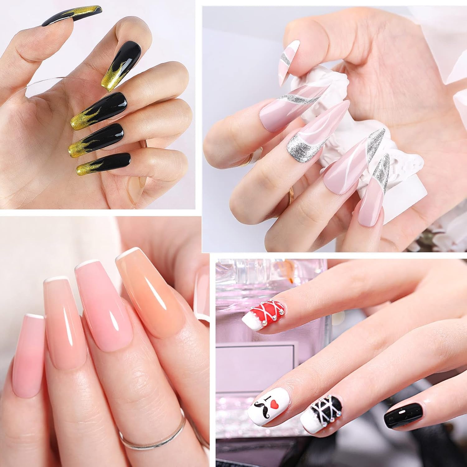Vernis Semi Permanent, 4 Couleurs Noir or Argenté Blanc Vernis À Ongles Gel Liner Kit Soak off UV/LED Semi-Permanent Manucure Kit Pour Salon De Manucure DIY Home, 8Ml