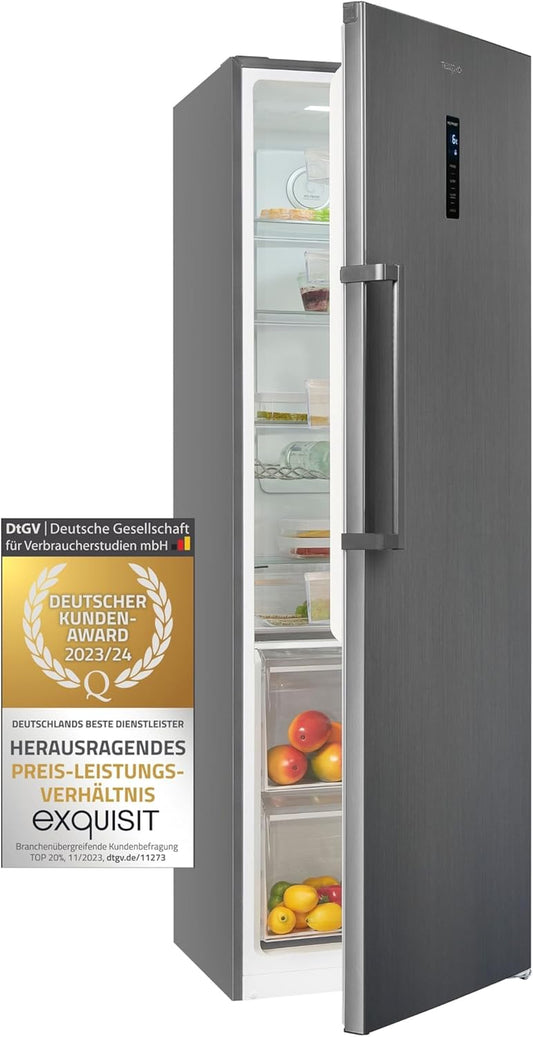 Exquisit KS360-V-HE-040D Kühlschrank, 60 Cm Breit, 359L, Led-Beleuchtung, No-Frost, Inoxlook-Az