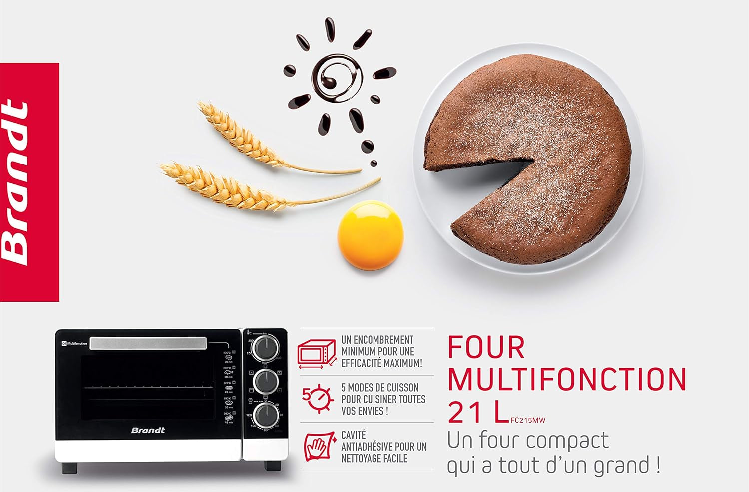 FC215MW - Mini-Four À Poser – 1380 W – 5 Modes De Cuisson Sur 3 Niveaux : Chaleur Tournante, Convection Naturelle, Grill, Grill Ventilé Et Sole – Accessoires : Pince, Lèchefrite, Grille