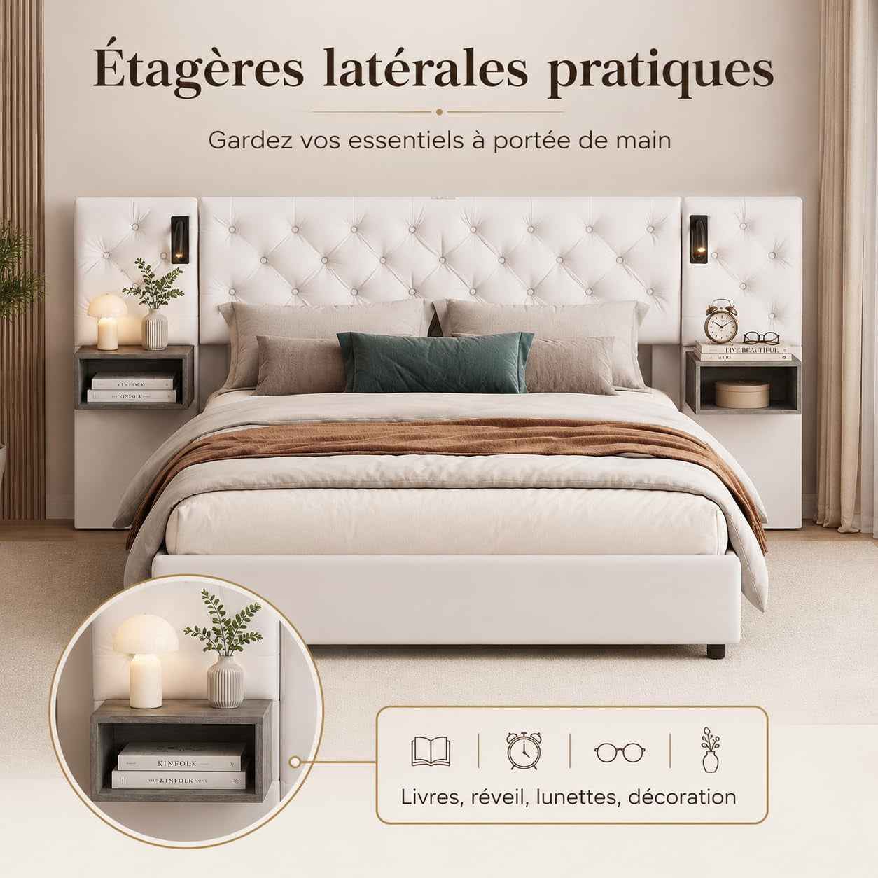 Lit Coffre 140X200 Cm Avec Sommier, Lit Complet En Velours Avec Tables De Chevet, Lit Double Avec Lampes De Lecture, Tête De Lit Avec USB Et USB-C, Pour Adultes (Blanc Cassé, 140 X 200 Cm)