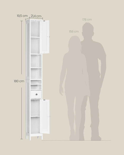 Colonne Salle De Bain Haute, Meuble Salle De Bain Etroit, Avec Étagères Réglables, Tiroir, Compartiments Ouverts, Pour Les Petits Espaces, Moderne, Blanc Nuage BBC765W01