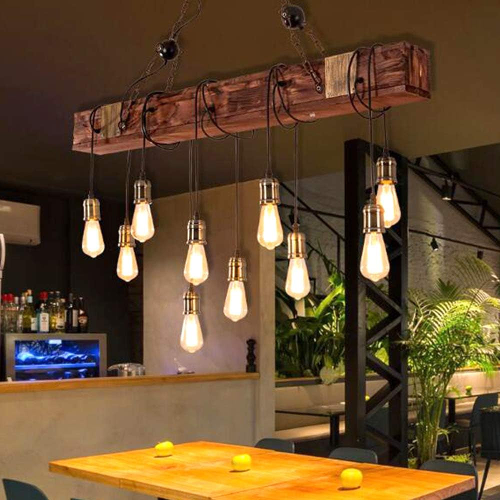 Lustre Industriel Suspension En Bois Élingue En Métal Rustique Poutre En Bois Marron Grand Îlot Linéaire Lampes Suspendues À La Main Ferme Luminaire Salon Chambre Cuisine Couloir Éclairage De Cuisine