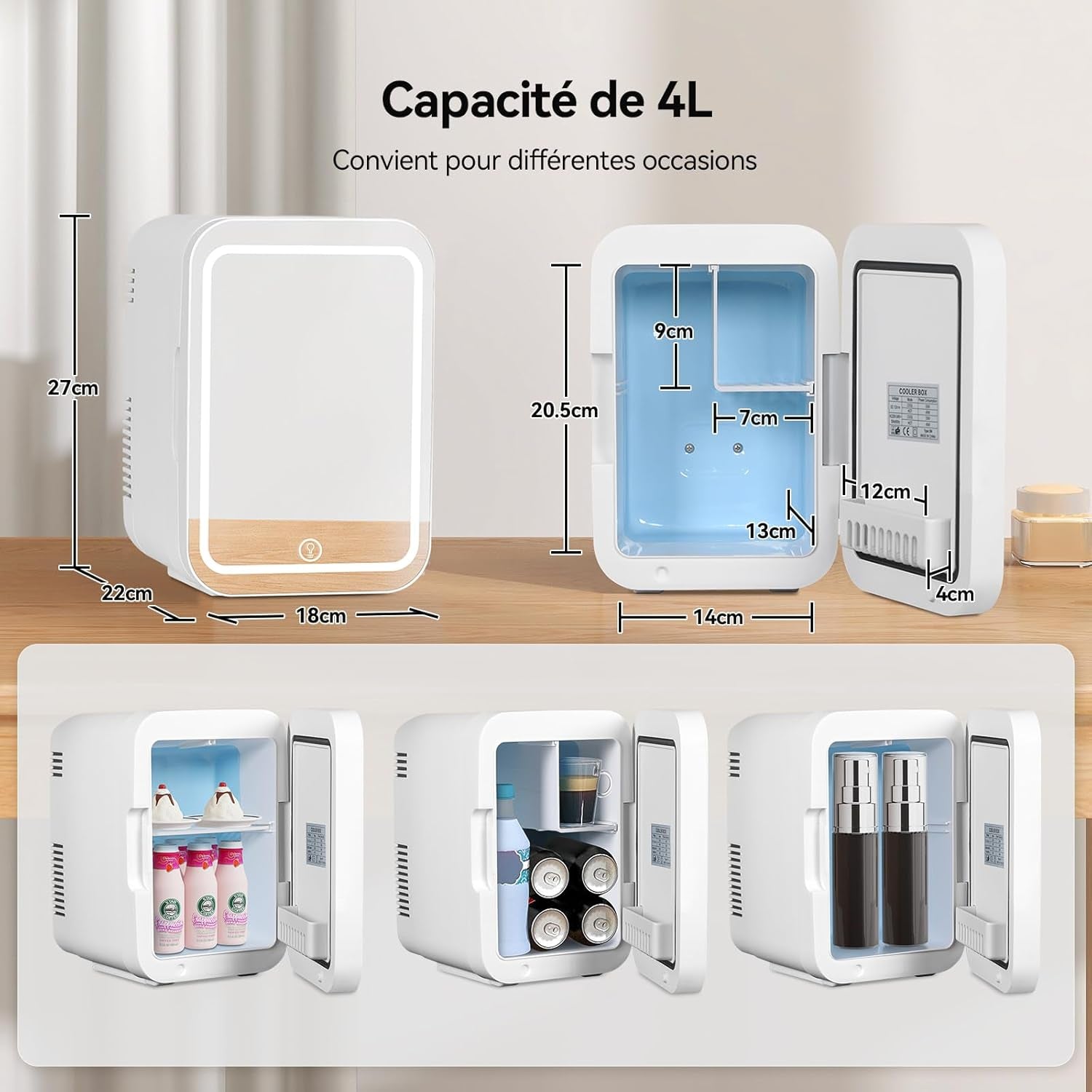 YOURLITE Mini Frigo De Chambre 2 En 1 4 Litres Avec Miroir Led À Intensité Variable, Mini Réfrigérateur Portable Ac/Dc Pour Cosmétiques Réfrigérés, Produits De Soins De La Peau Et Aliments