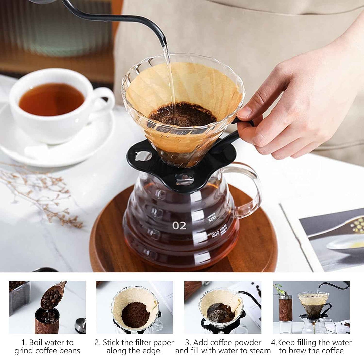 Ensemble De Moulin À Café Manuel De 7 Pièces,Ensemble D'Outils De Brassage De Café Portable,Coffee Grinder Degré Avec Bouilloire 600Ml,Mouture Réglable,Outdoor Travel Picnic（100 Filtres）