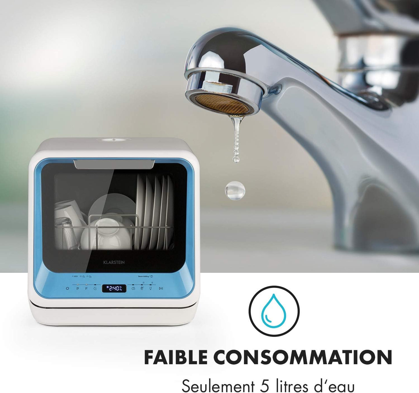 Mini Lave Vaisselle De 2 Couvert, Silencieux, 7 Programmes De Lavage, Petit Lave-Vaisselle De Table Compact, Portable, Facile À Installer Pour Maison, Bureau