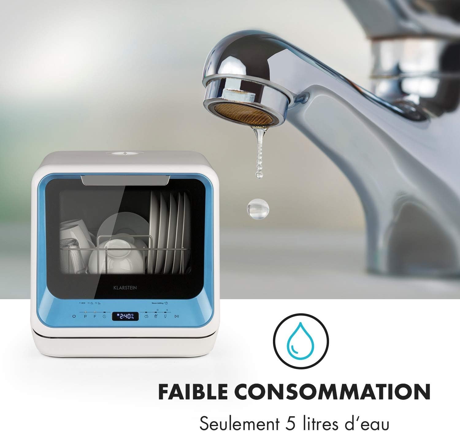 Mini Lave Vaisselle De 2 Couvert, Silencieux, 7 Programmes De Lavage, Petit Lave-Vaisselle De Table Compact, Portable, Facile À Installer Pour Maison, Bureau
