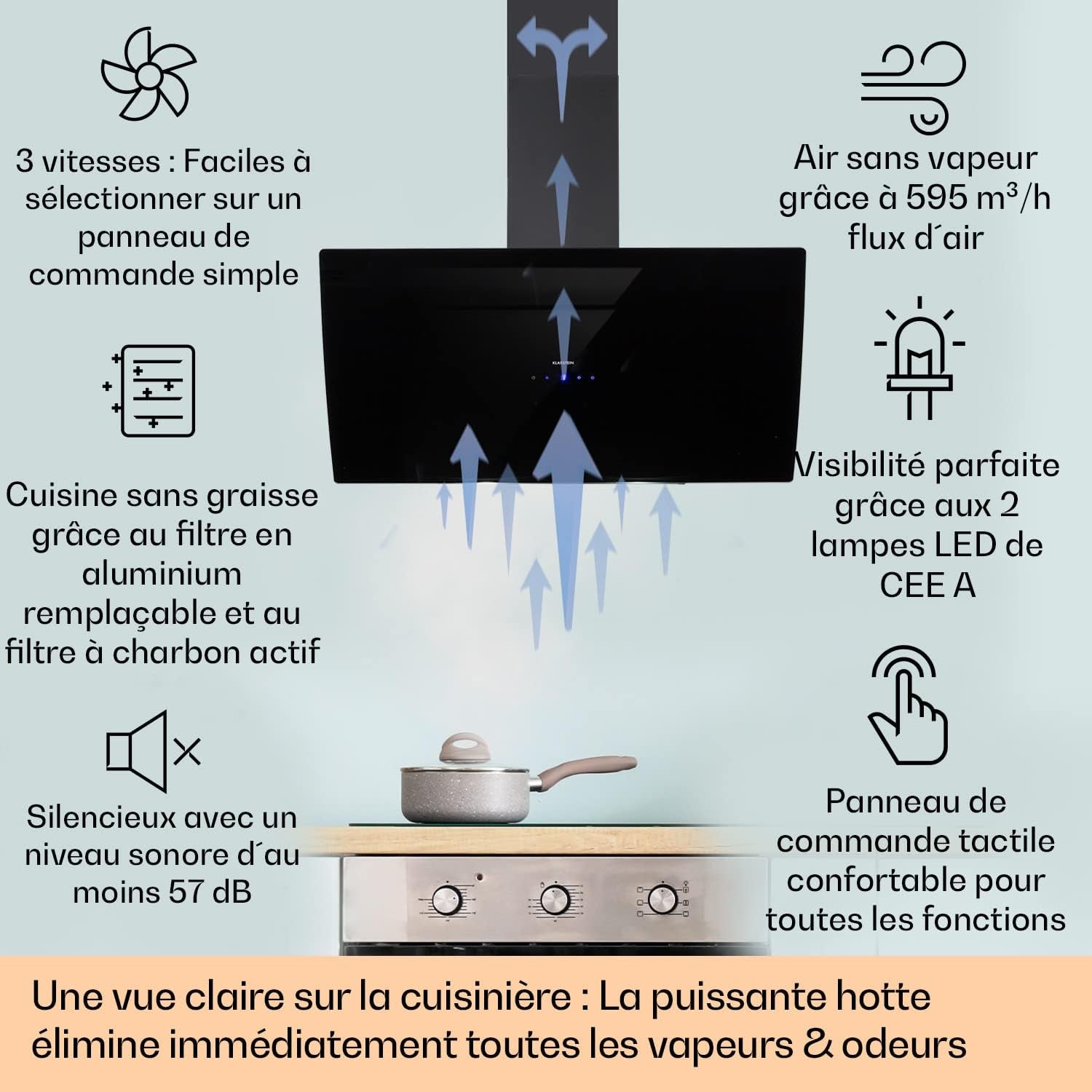 Hotte Aspirante 90Cm, Hottes De Cuisine Inclinées, Filtre De Hotte En Aluminium, Débit D'Air Puissant 641M³/H, LED, Ecran Tactile, Extracteur D'Air Silencieux, Efficace Avec Evacuation