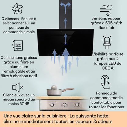 Hotte Aspirante 90Cm, Hottes De Cuisine Inclinées, Filtre De Hotte En Aluminium, Débit D'Air Puissant 641M³/H, LED, Ecran Tactile, Extracteur D'Air Silencieux, Efficace Avec Evacuation