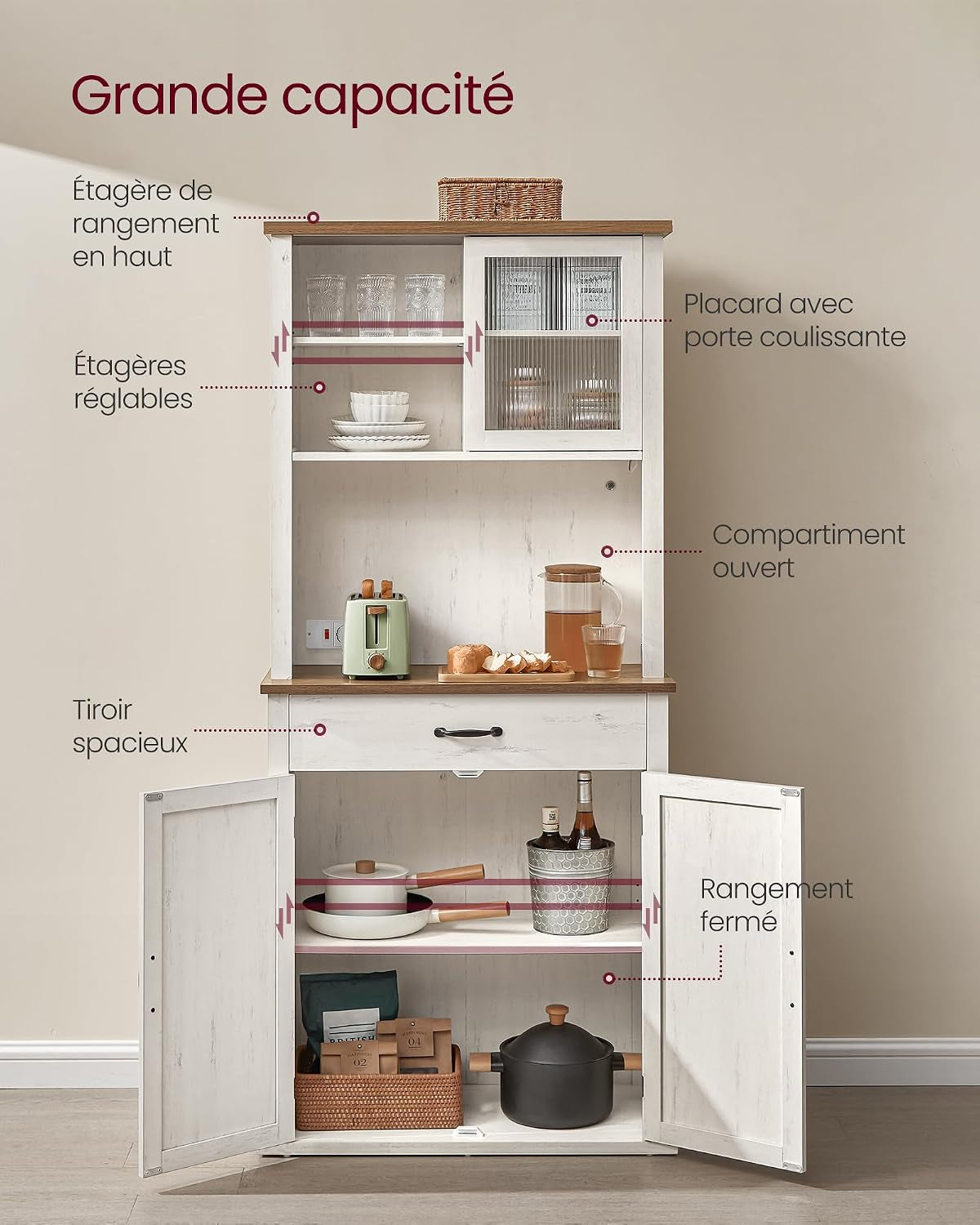 Meuble De Rangement Avec Lumières Et Chargeur, Placard De Cuisine, Avec Portes Et Tiroirs, 39,5 X 80,4 X 180,6 Cm, Étagères Réglables, Style Campagne, Blanc Rustique Et Marron Miel BBK363W22V1