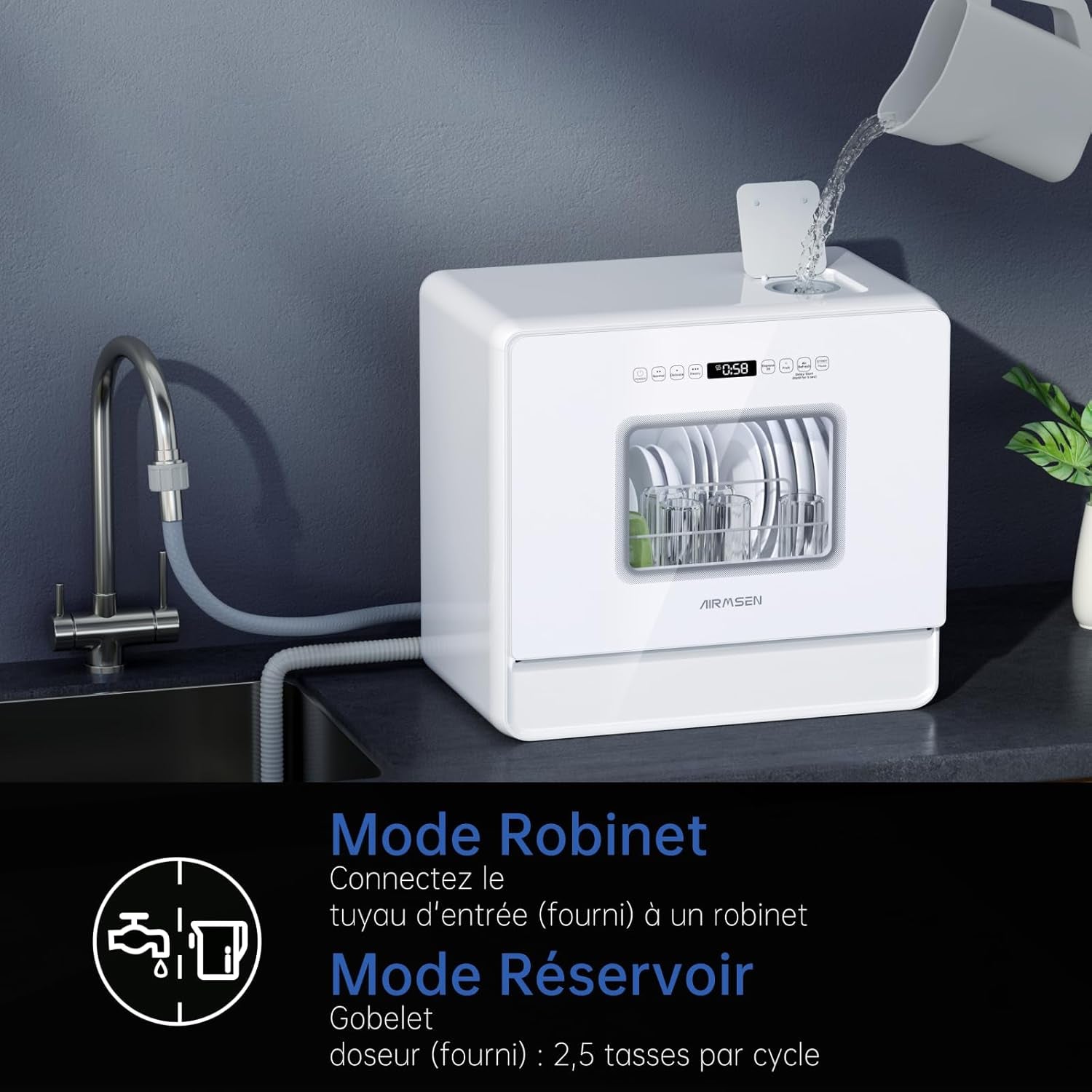 Lave-Vaisselle De Table, Mini Lave-Vaisselle Avec 7 Programmes, Commande Tactile, Affichage À LED, Réservoir D'Eau 5L, Lave-Vaisselle Compact Pour Appartements, Camping, Dortoirs, Blanc