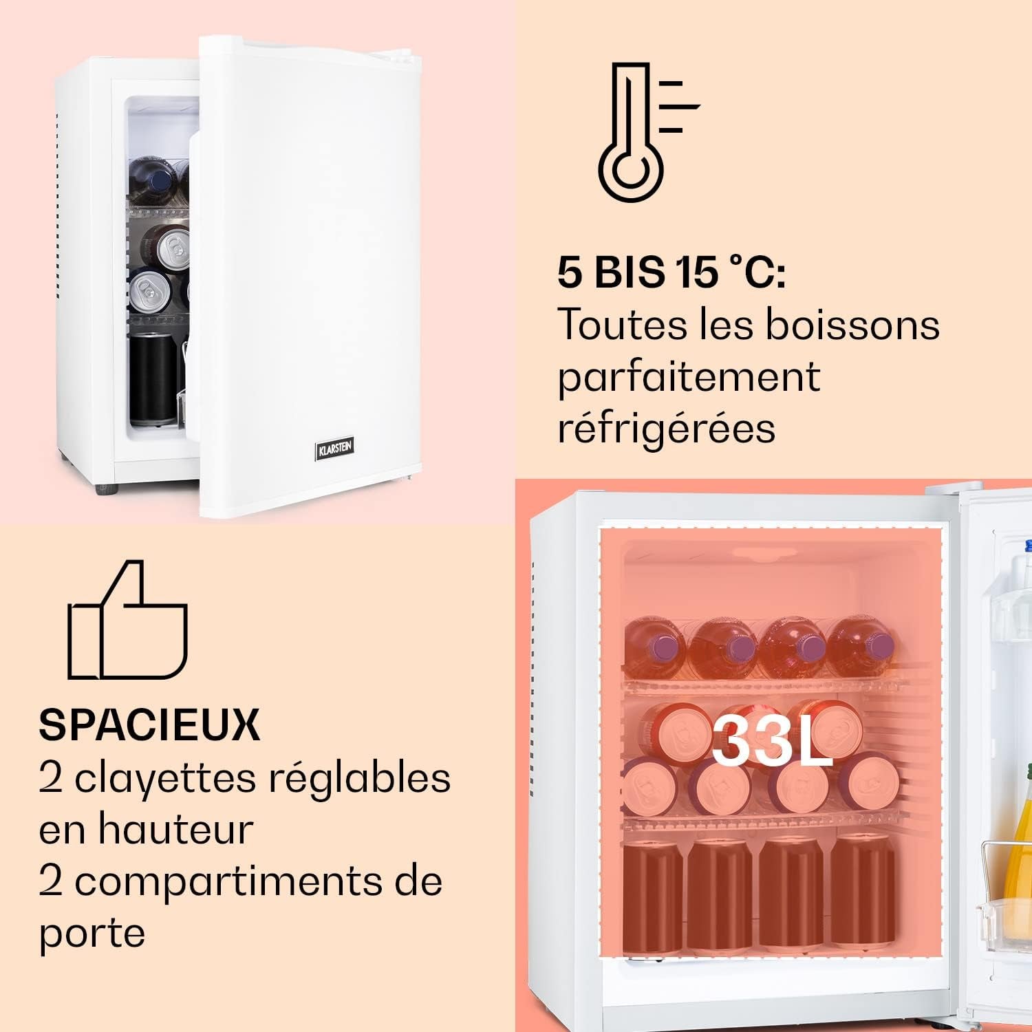 Mini Frigo De Chambre De 33L Pour Snacks Et Boissons, Petit Frigo Top Silencieux, Mini Bar, Petit Réfrigérateur Camping, Mini Frigo Cosmetique, Refrigerateur Avec Étagères Réglables, 5-15°C