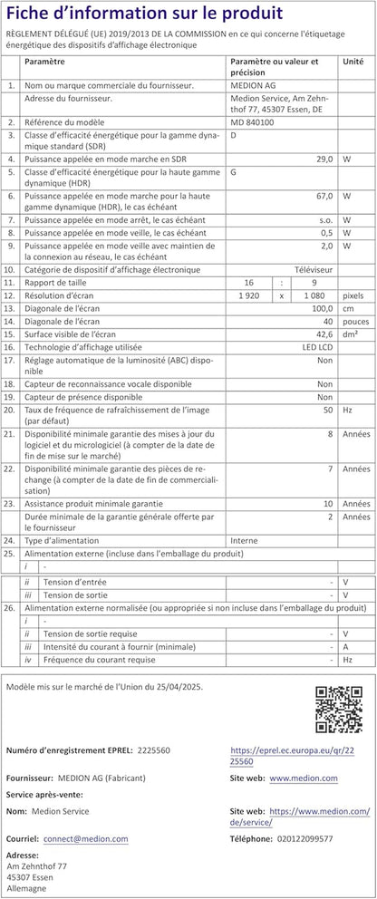 TV 40 Pouces Full HD (100,3 Cm) Television (Android TV, Smart TV, HDR, Prime Video, PVR, Bluetooth, MD 840100)