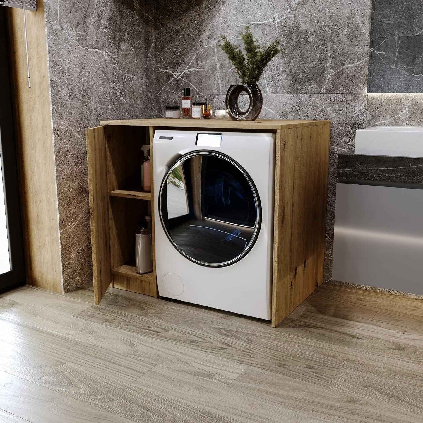 Meuble Pour Machine À Laver Avec Espace De Rangement 96 X 88,5 X 62 Cm (L X H X P) – Meuble Buanderie Minimaliste – Pour Lave-Linge Ou Sèche-Linge – Design Moderne (Artisan)