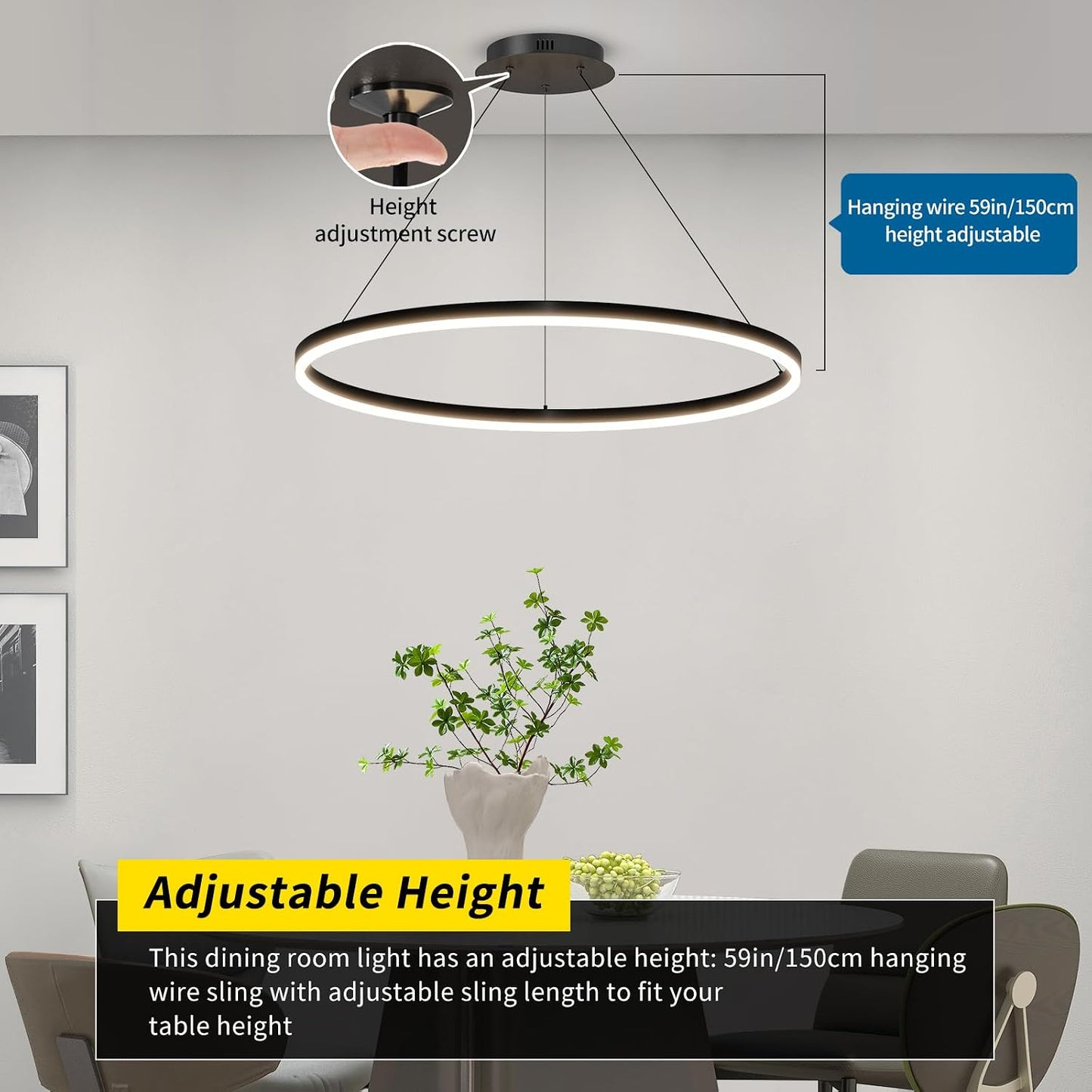 60Cm Luminaires Suspendus Pour Table À Manger Ronde, Lustre À Gradation De 10% À 100% Lampe Pendante De Cuisine LED 3000K/4500K/6500K Luminaire Suspendu Réglable En Hauteur Pour L'Île