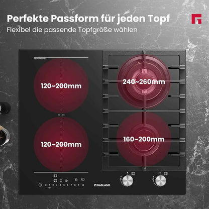 GIH604BF Plaque Mixte Gaz Et Induction 60 Cm, Gaz 5200 W Avec Brûleur Wok, Induction 3500 W Avec Fonction BBQ, Verre Noir Encastrable (Sans Poêle)