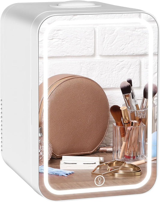 YOURLITE Mini Frigo De Chambre 2 En 1 8 Litres Avec Miroir LED À Intensité Variable, Mini Réfrigérateur Portable Ac/Dc Pour Cosmétiques Réfrigérés, Produits De Soins De La Peau Et Aliments