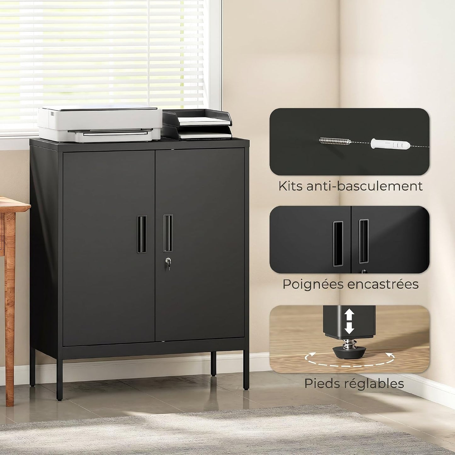 Armoire De Bureau Métallique Avec Serrure 80 X 40 X 100 Cm Noir | Meuble De Rangement En Acier, 2 Portes, 2 Étagères Réglables, Classeur Rangement Documents Industriel, Bureau Ou Garage