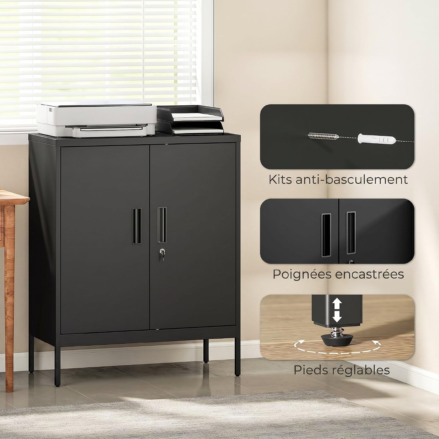 Armoire De Bureau Métallique Avec Serrure 80 X 40 X 100 Cm Noir | Meuble De Rangement En Acier, 2 Portes, 2 Étagères Réglables, Classeur Rangement Documents Industriel, Bureau Ou Garage