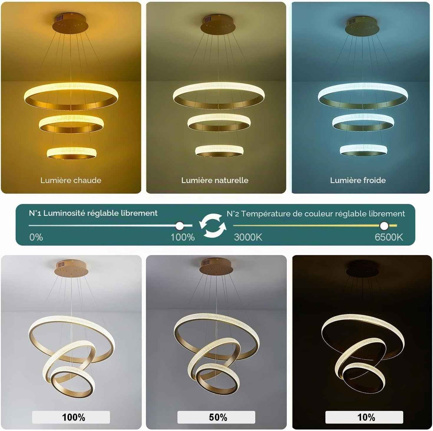 Lustre Moderne En Cristal Pour Salle À Manger, Appareil D'Éclairage Doré, 3 Anneaux, Lustre LED Pour Éclairage D'Îlot De Cuisine, Intensité Variable Avec Télécommande, Suspension De Plafond Moderne En