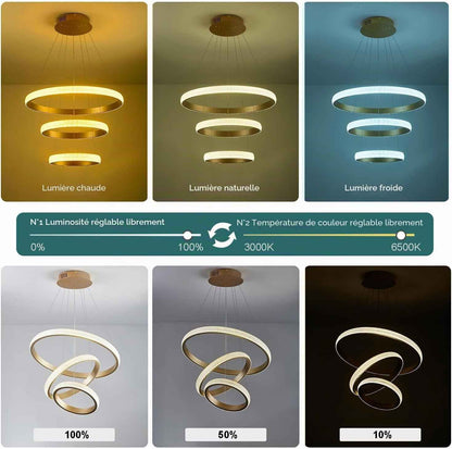 Lustre Moderne En Cristal Pour Salle À Manger, Appareil D'Éclairage Doré, 3 Anneaux, Lustre LED Pour Éclairage D'Îlot De Cuisine, Intensité Variable Avec Télécommande, Suspension De Plafond Moderne En