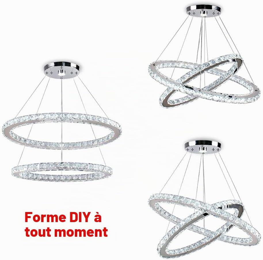 Lustre Moderne En Cristal, Lustre LED Avec Télécommande, Plafonnier Ovale, 2 Anneaux, 56CM 32CM, Suspension Pour Salon, Salle À Manger (Lumière Blanche 6500K)