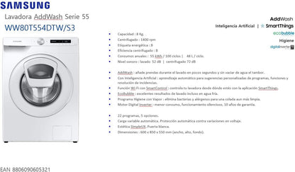 Lave Linge Frontal WW80T554DTWS3