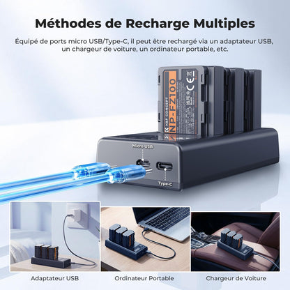 NP-FZ100 Batterie Et Chargeur À Trois Slot 3X 2280Mah Batterie | Batterie Pour Sony A6700, A7Iii, ZV-E1, A7Iv, A7C, FX3, FX30, A9, A6600, Zv-E10Ii, Alpha 9, A9S, A7R III, A7R IV, A7RV