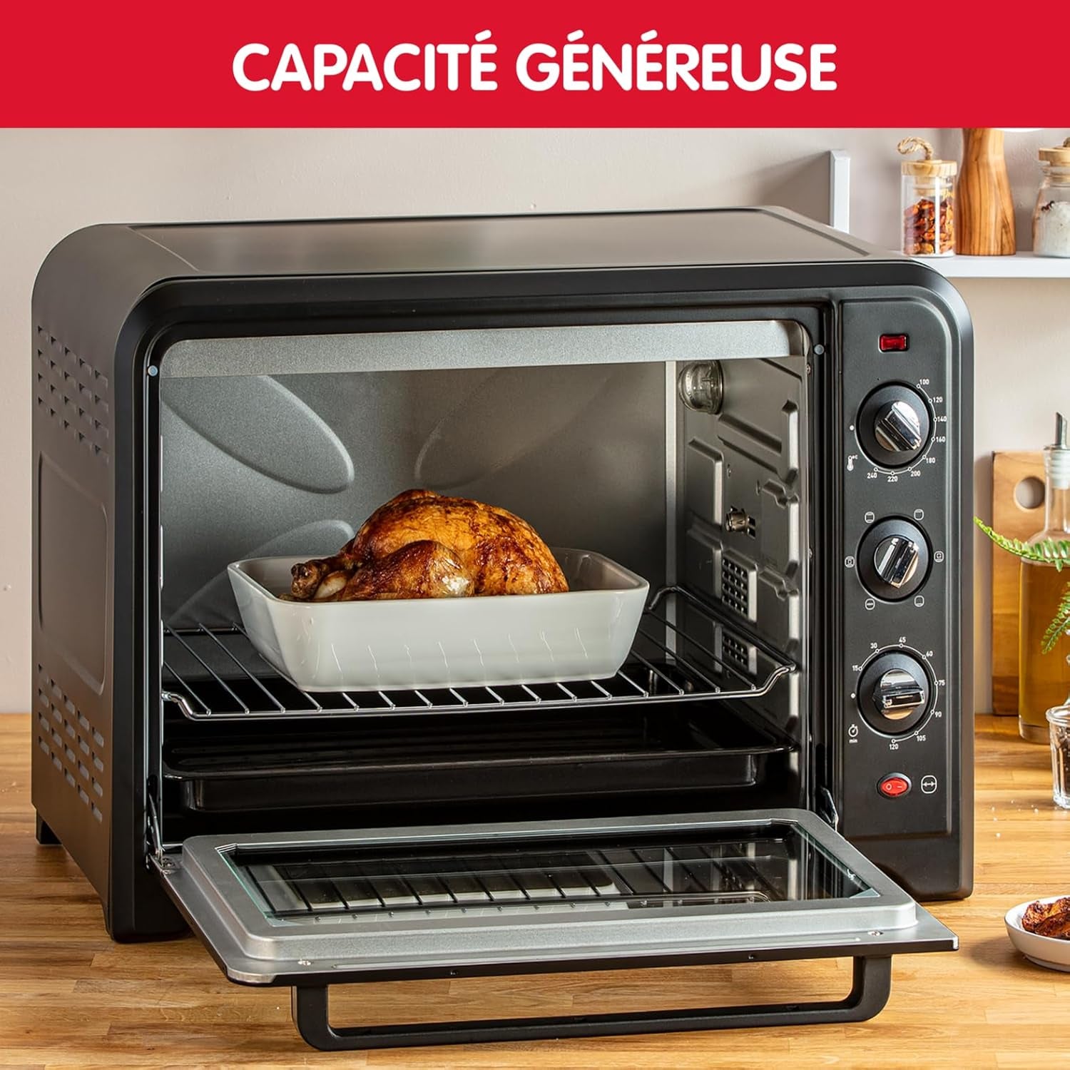 Four Électrique 39 L, 7 Modes De Cuisson, Chaleur Tournante, Thermostat Réglable Jusqu’À 240° C, Tournebroche, Minuteur 120 Min, Grille Réversible, Optimo Noir OX485810