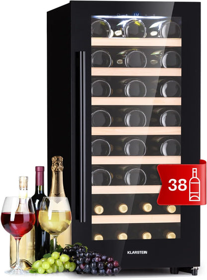 Cave a Vin, Réfrigérateur À Vin Avec Porte En Verre, Cave À Vin De Vieillissement, Zone Unique, Prosecco, Bière, Ecran Tactile, Réfrigérateur Bar, Frigo, Protection UV, 5-18°C, 38 Bouteilles