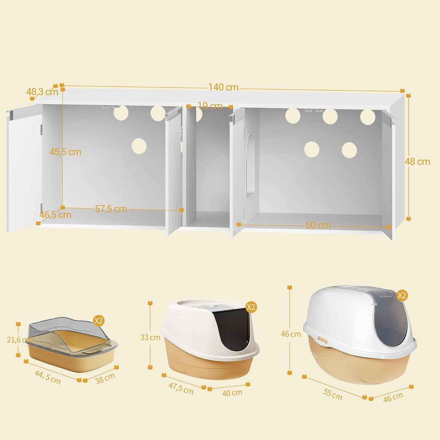 Meuble Litiere Pour 2 Chats, 100Cm Maison De Toilette Chat, Blanc | Maison Cachée Pour Chat Avec Chambres Doubles, 140 X 48 X 48 Cm, Pour Cacher Plupart Des Bacs À Litière Pour Chats, CB65603X