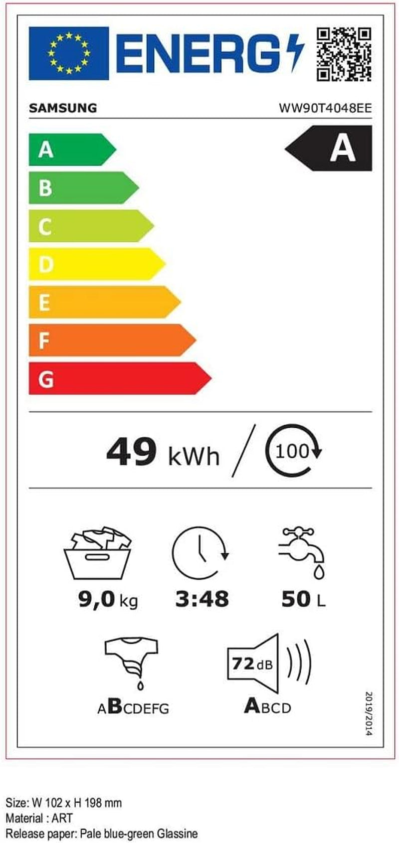 WW90T4048EE/EG Machine À Laver 9 Kg 1400 Tr/Min En Mousse Active Hygiénique Vapeur Fonction Taches Intensive Moteur Digital Inverter