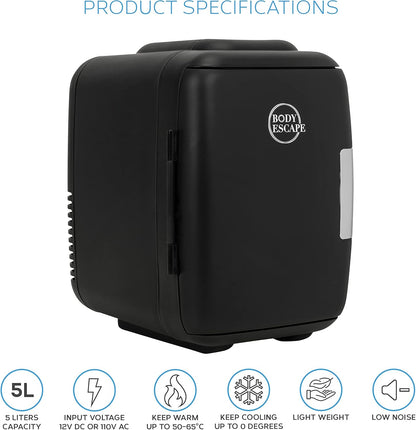 Body Escape Mini Réfrigérateur Beauté Pour Soins De La Peau - Mini Réfrigérateurs Beauté - Petit Réfrigérateur Rétro, Portable, Compact Et Silencieux Pour Le Maquillage - 5L- Mono Noir