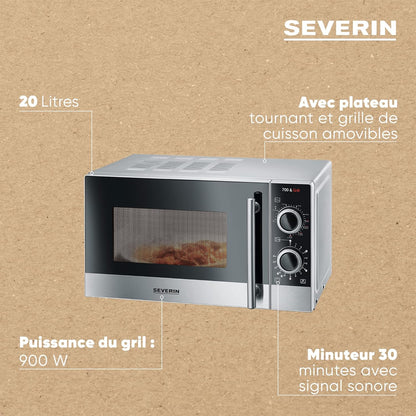 Four À Micro-Ondes Gril 20 L, Four Micro-Onde Avec 9 Niveaux De Puissance, Jusqu'À 900 W, Micro-Onde Avec Grille, Minuteur 30 Min, Plateau Tournant Amovible (Ø 24,5 Cm), Inox/Noir, MW 7874