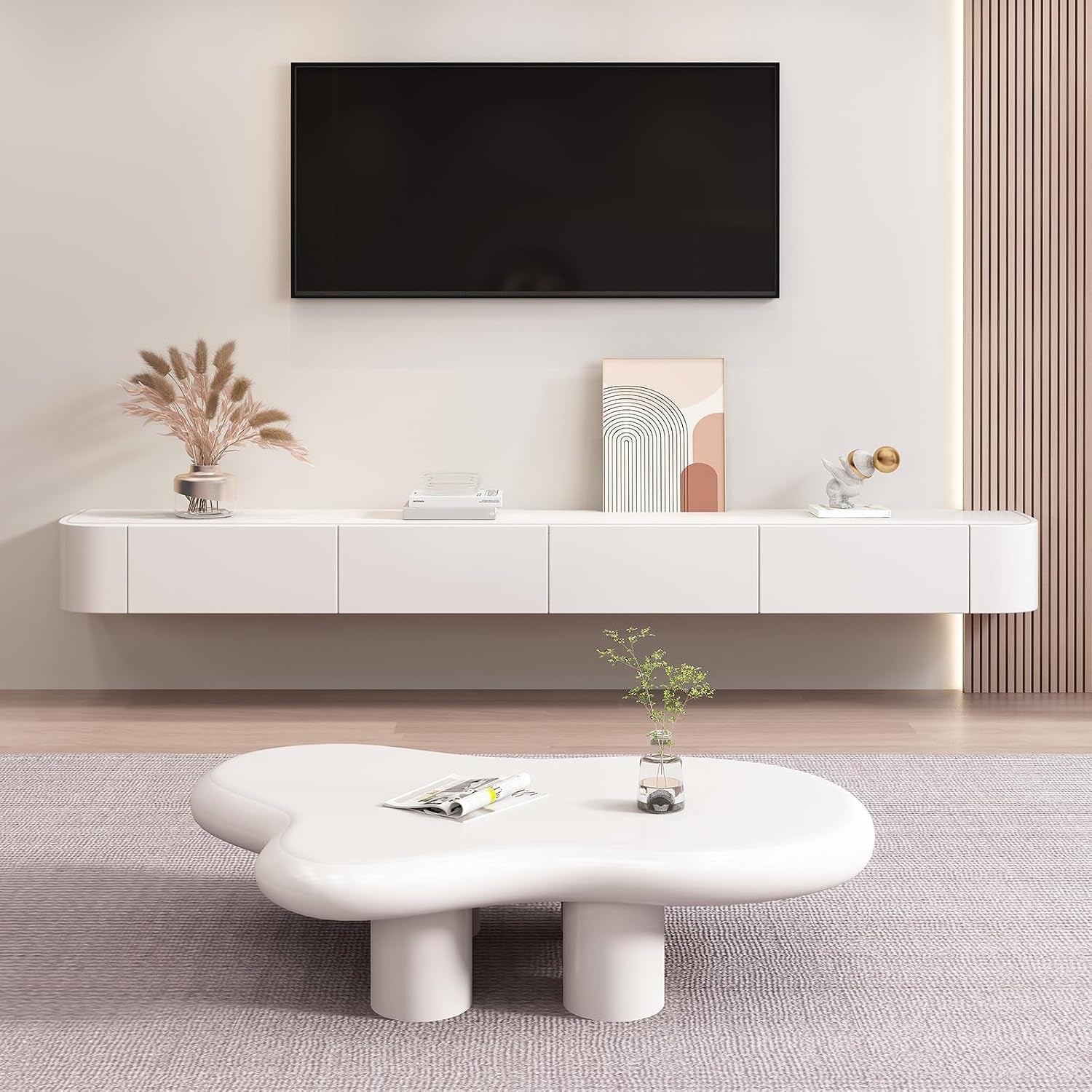 Meuble TV Flottant, Étagères TV Murales Avec Porte, Console Multimédia TV, Meuble TV Flottant, Grand Banc TV De Rangement Sous La Télévision(Blanc,140Cm/55.1")