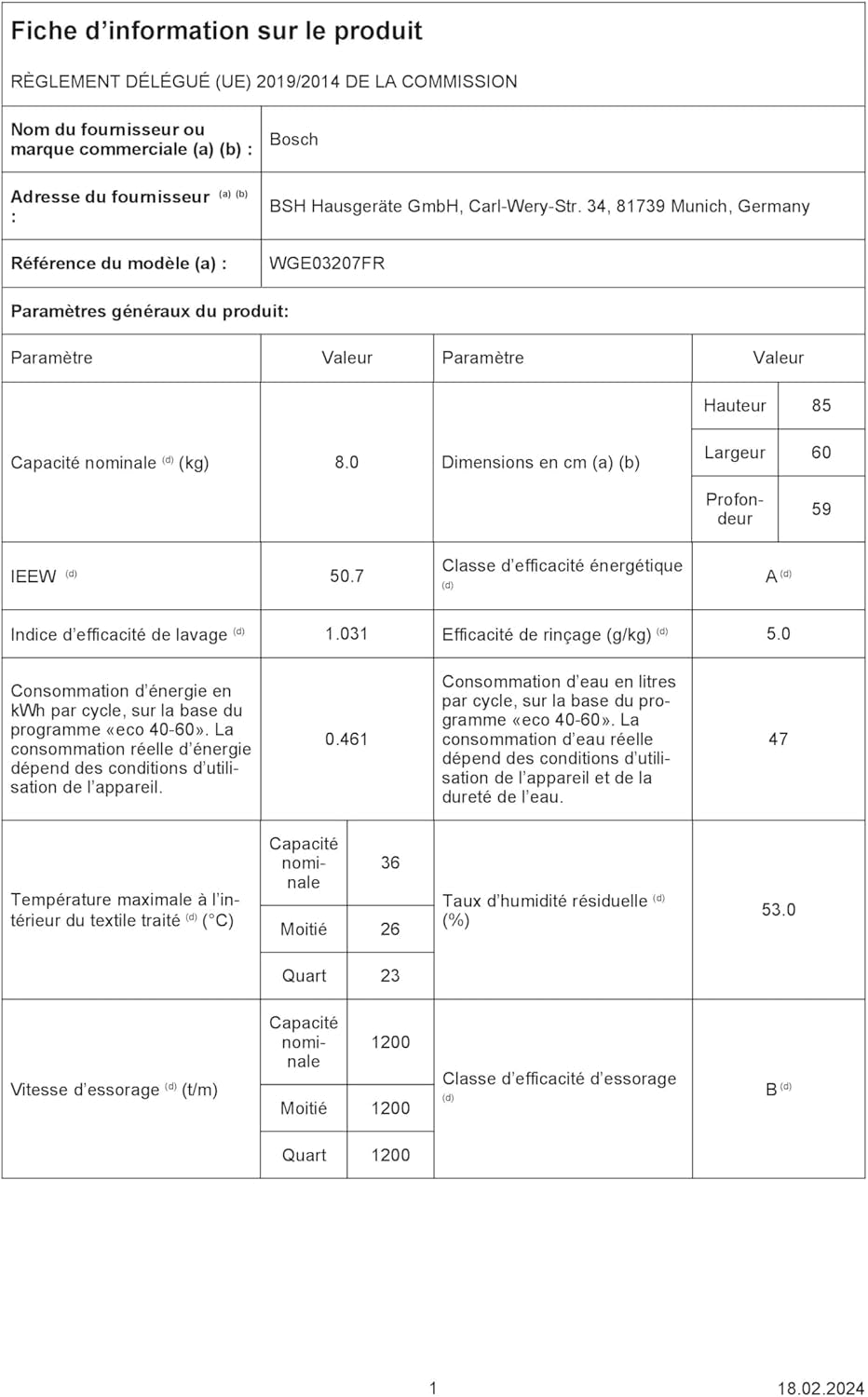 WGE03207FR Lave-Linge Pose-Libe - Série 2-8 Kg - 1200 Trs/Min - 47L- Blanc