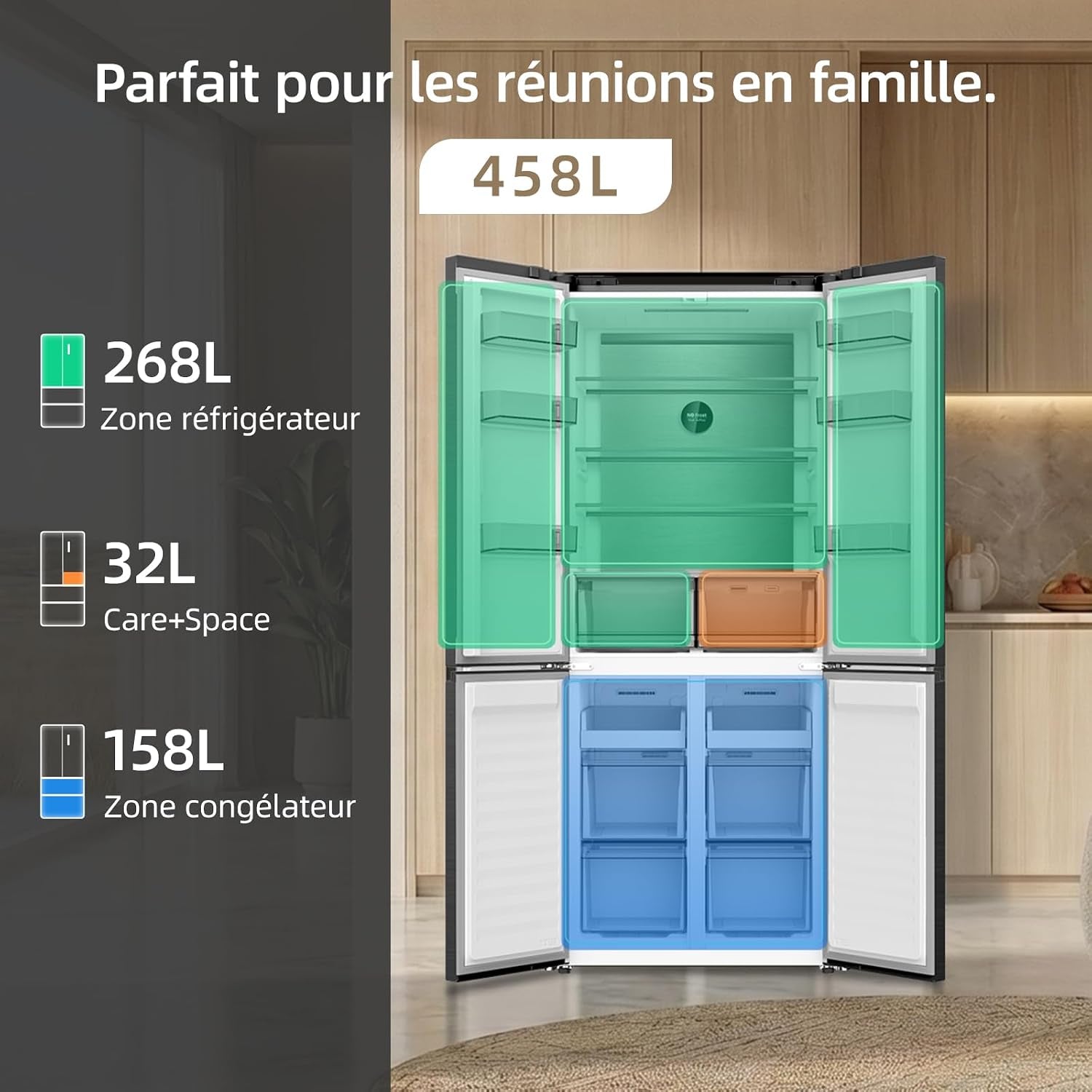 458L Frigo Américain 4 Portes Total No Frost Noir (CCD460NGE) | Silencieux 37Db, Froid Ventilé, Système Multiairflow, Congélateur -32°C, Zone Care + Space,Profondeur 600Mm