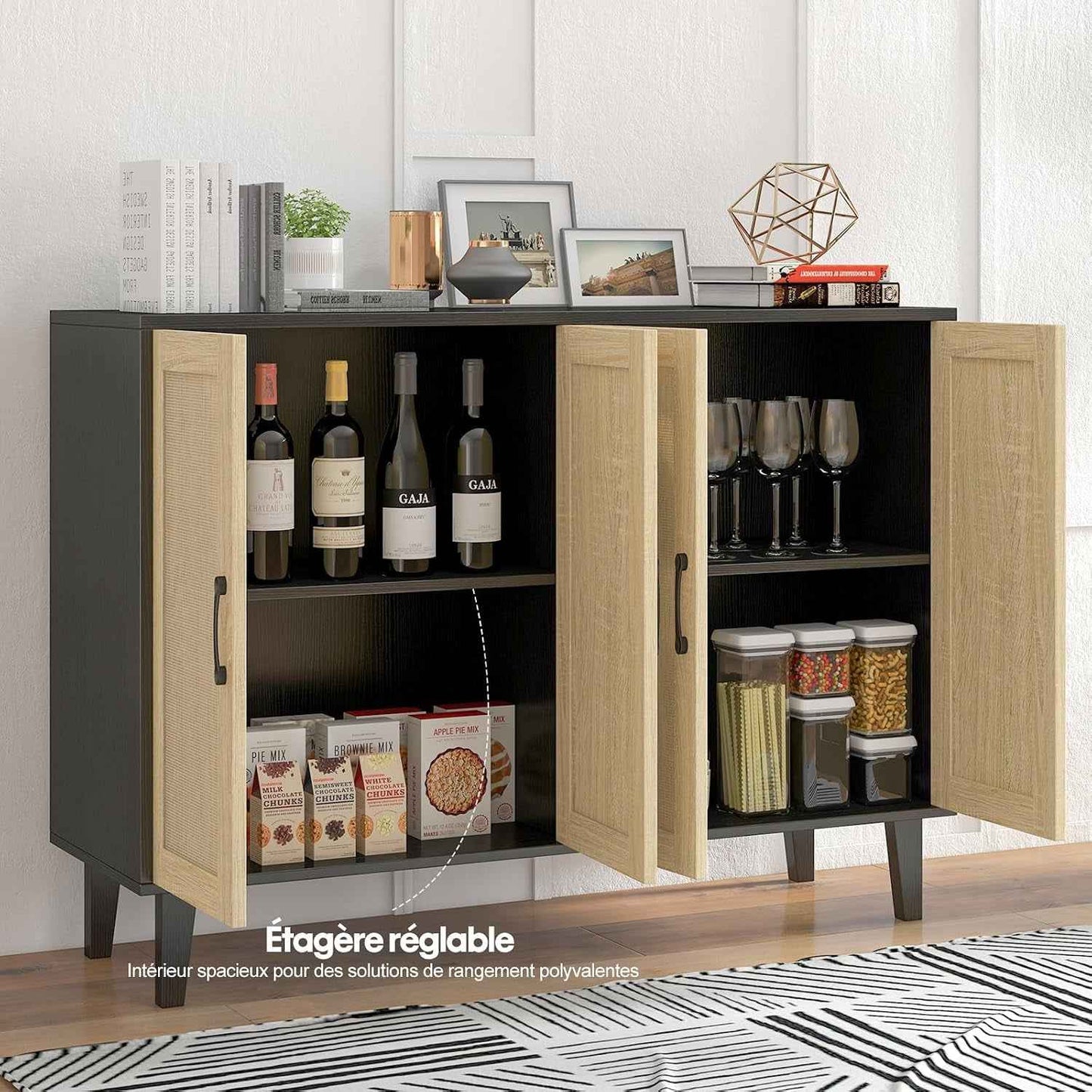 Meuble De Rangement En Rotin Et MDF, Buffets Haut Aspect Avec 4 Portes Sur Salon, Chambre, 127 X 38 X 83 Cm (Noir Et Bois), MEFRSB58