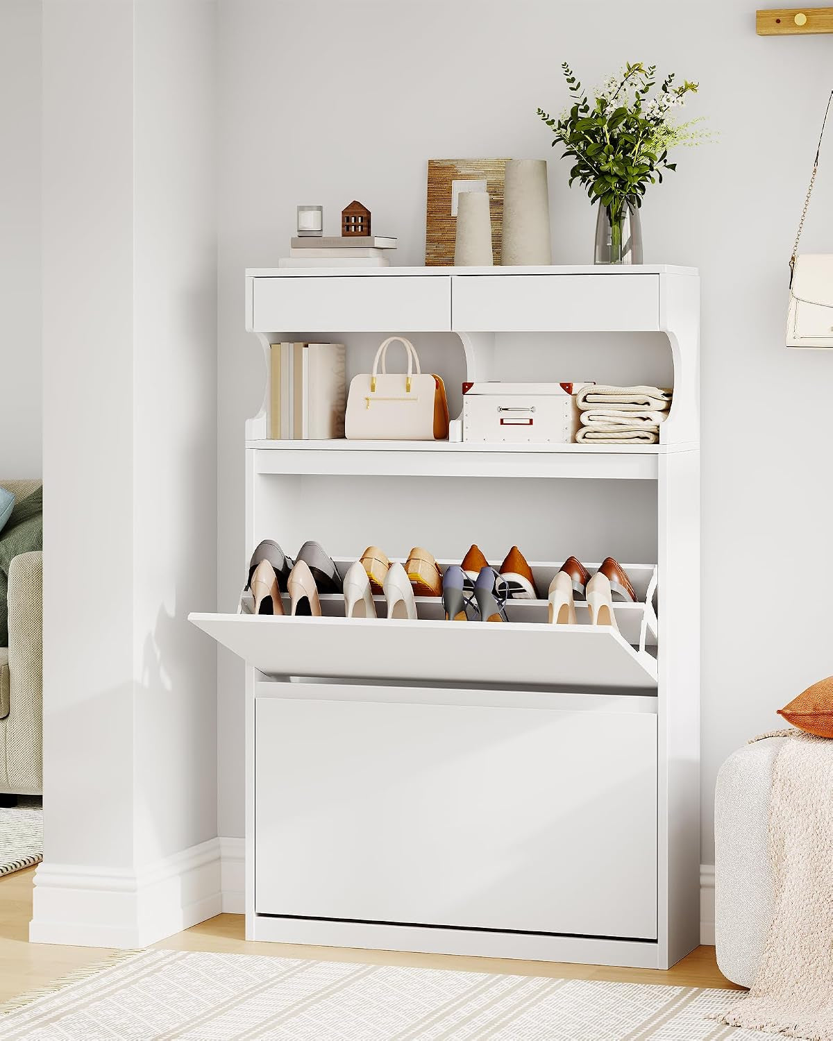 Meuble À Chaussures, 16 Paires, 2 Abattants (80L Cm), Blanc | Armoire À Chaussures, Séparateur Réglable, Grande Capacité, Pour Entrée, Couloir, Chambre, SR45303X