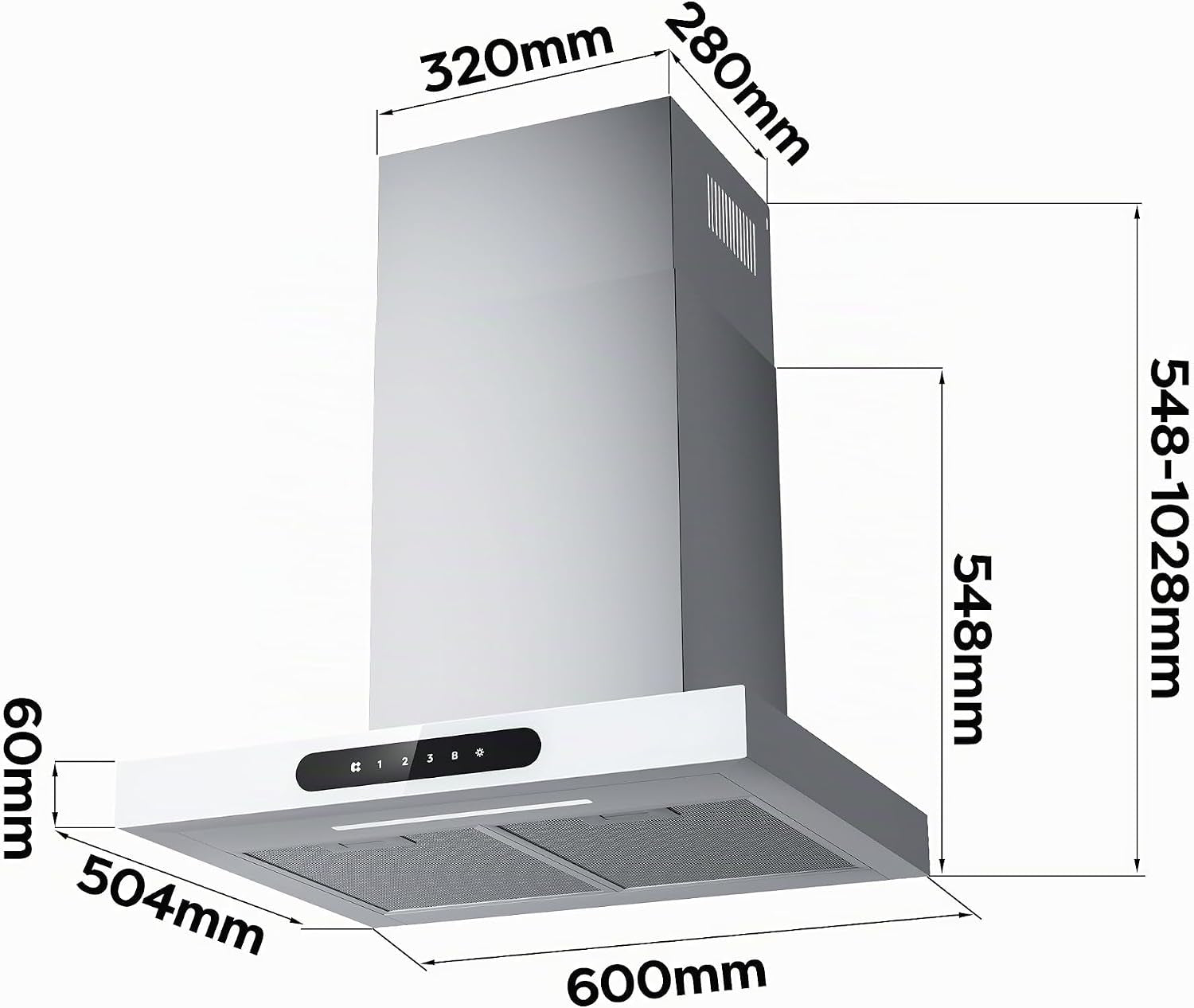 Hotte Décorative Class A+++ 60Cm 650M³/H Tactile Et Wifi Connectée 4 Vitesses&Fonction Boost Avec Filtre Charbon Affichage Numérique Recyclage Ou Evacuation Blanche CBCW6102