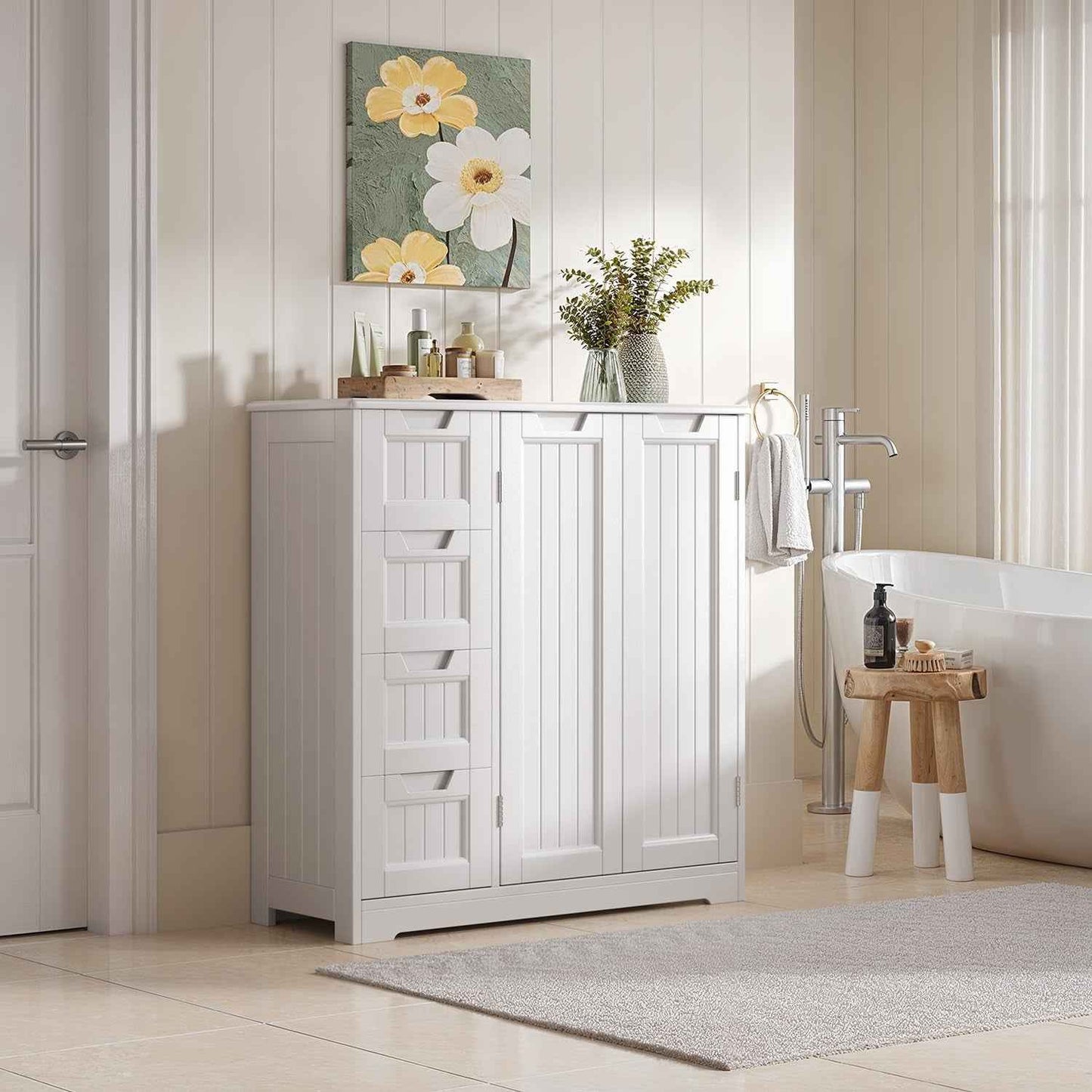 Meuble Salle De Bain Armoire De Baño, Avec 4 Tiroirs Et 2 Portes,Meuble Pour Salle De Bain Salon Cuisine,Avec Étagère Réglable,81 X 30 X 83 Cm,Blanc