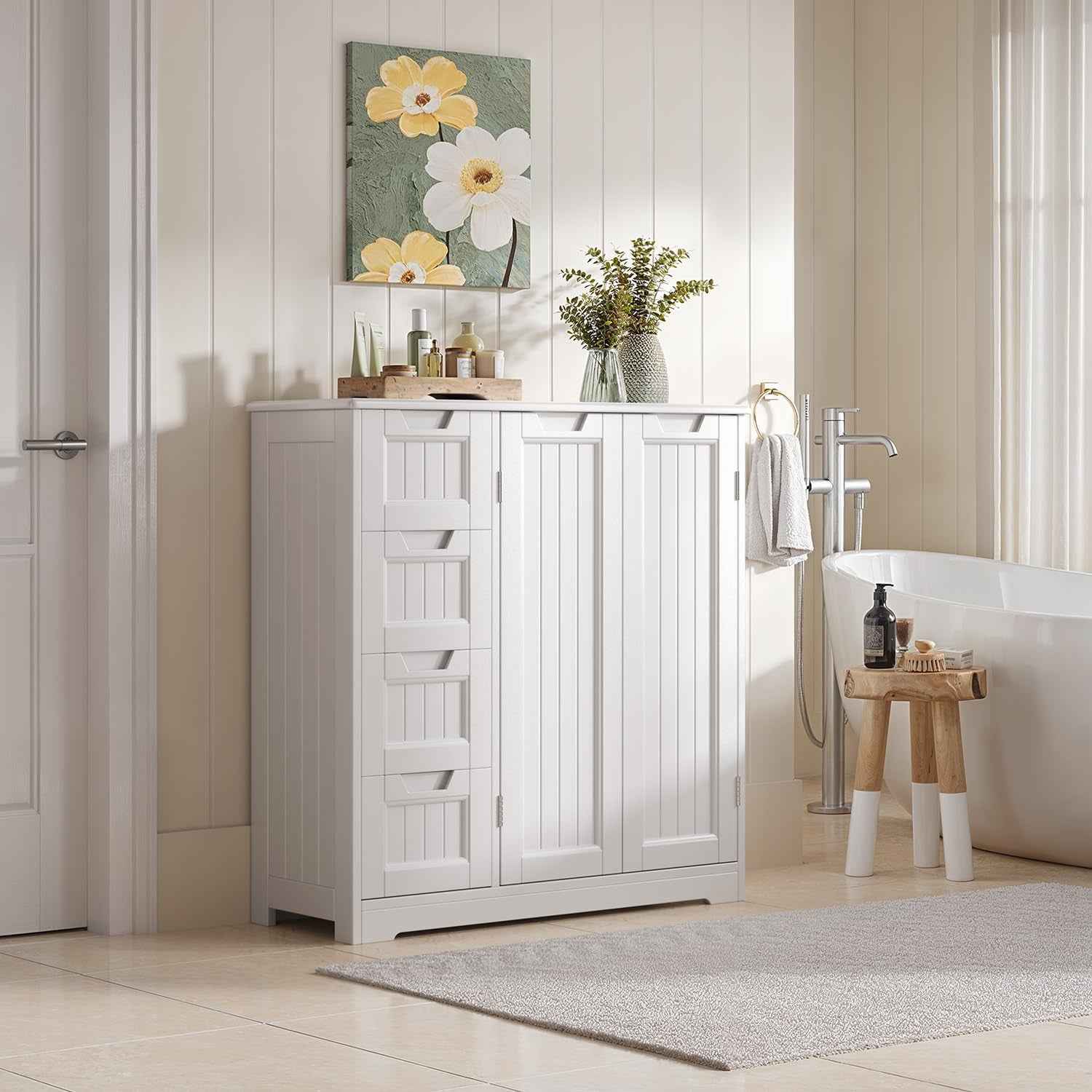 Meuble Salle De Bain Armoire De Baño, Avec 4 Tiroirs Et 2 Portes,Meuble Pour Salle De Bain Salon Cuisine,Avec Étagère Réglable,81 X 30 X 83 Cm,Blanc