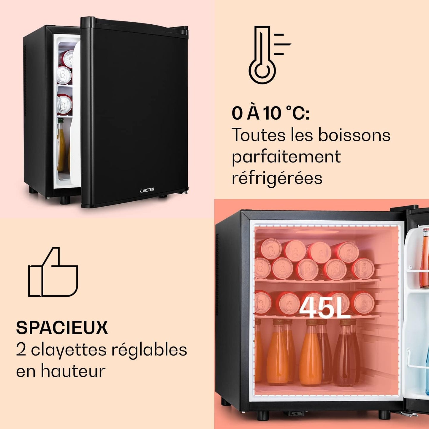 Mini Frigo De Chambre De 45L Pour Boissons Et Bieres, Petit Frigo Silencieux, Mini Bar Intérieur/Ext, Petit Refrigerateur Camping, Stockage De Vins, Cosmetique, Étagères Réglables, 6-18°C