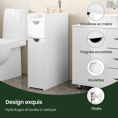 Meuble Salle De Bain, Armoire Salle De Bain Étroite, Avec 2 Tiroirs, En Bois D'Ingénierie, Blanc, 19X45X70Cm