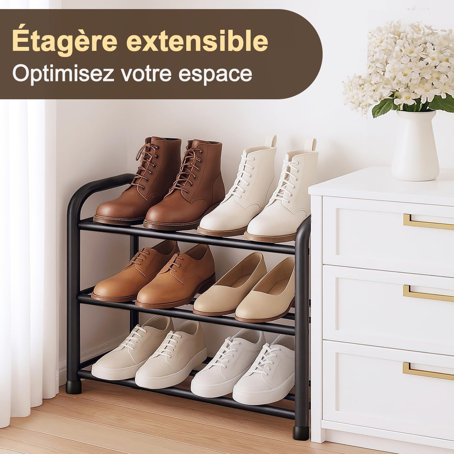 Meuble À Chaussure Entrée Étroit Extensible 3 Niveaux, Rangement Porte Étagère À Chaussure En Métal Noir 6 À 12 Paires, Pour Entrée, Extérieur, Armoires, Chambres À Coucher