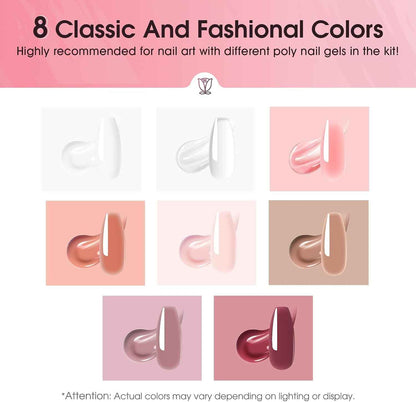 Poly Extension D'Ongles En Gel Complet Kit 8*10Ml Avec Lampe UV | Mini 8 Couleurs Kit Ongle Construction Gel UV Complet Avec Mini UV Lampe,Base & Top Coat Gel Et Outils De Manucure Kit
