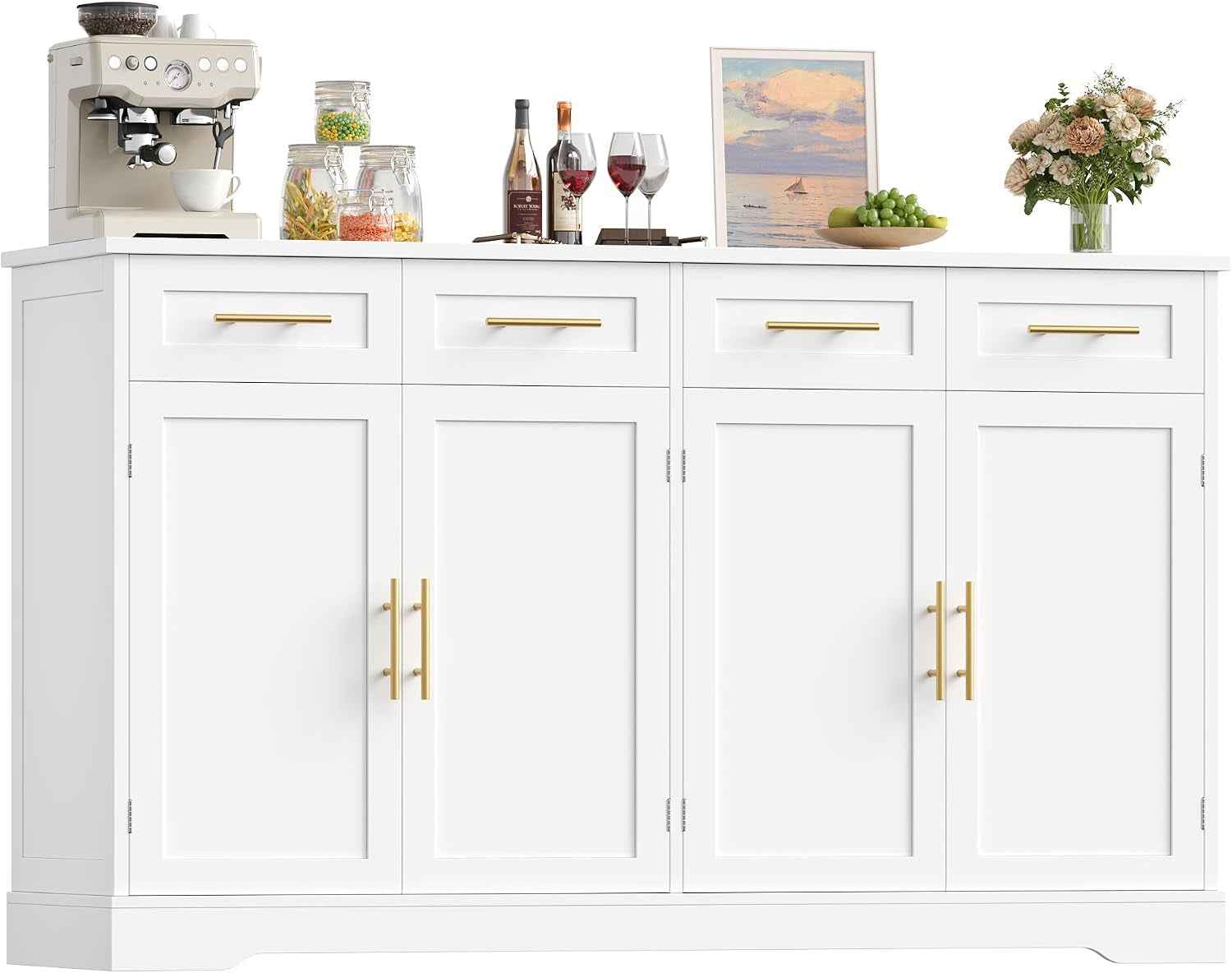 Buffet Cuisine, 150 Cm Meuble Cuisine Avec 4 Tiroirs 4 Portes, Blanc | Buffet Salle a Manger Avec Poignées Dorées, Meuble De Rangement Pour Salon, Cuisine, Couloir, 150×40×92 Cm