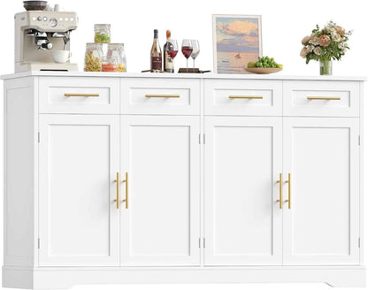 Buffet Cuisine, 150 Cm Meuble Cuisine Avec 4 Tiroirs 4 Portes, Blanc | Buffet Salle a Manger Avec Poignées Dorées, Meuble De Rangement Pour Salon, Cuisine, Couloir, 150×40×92 Cm