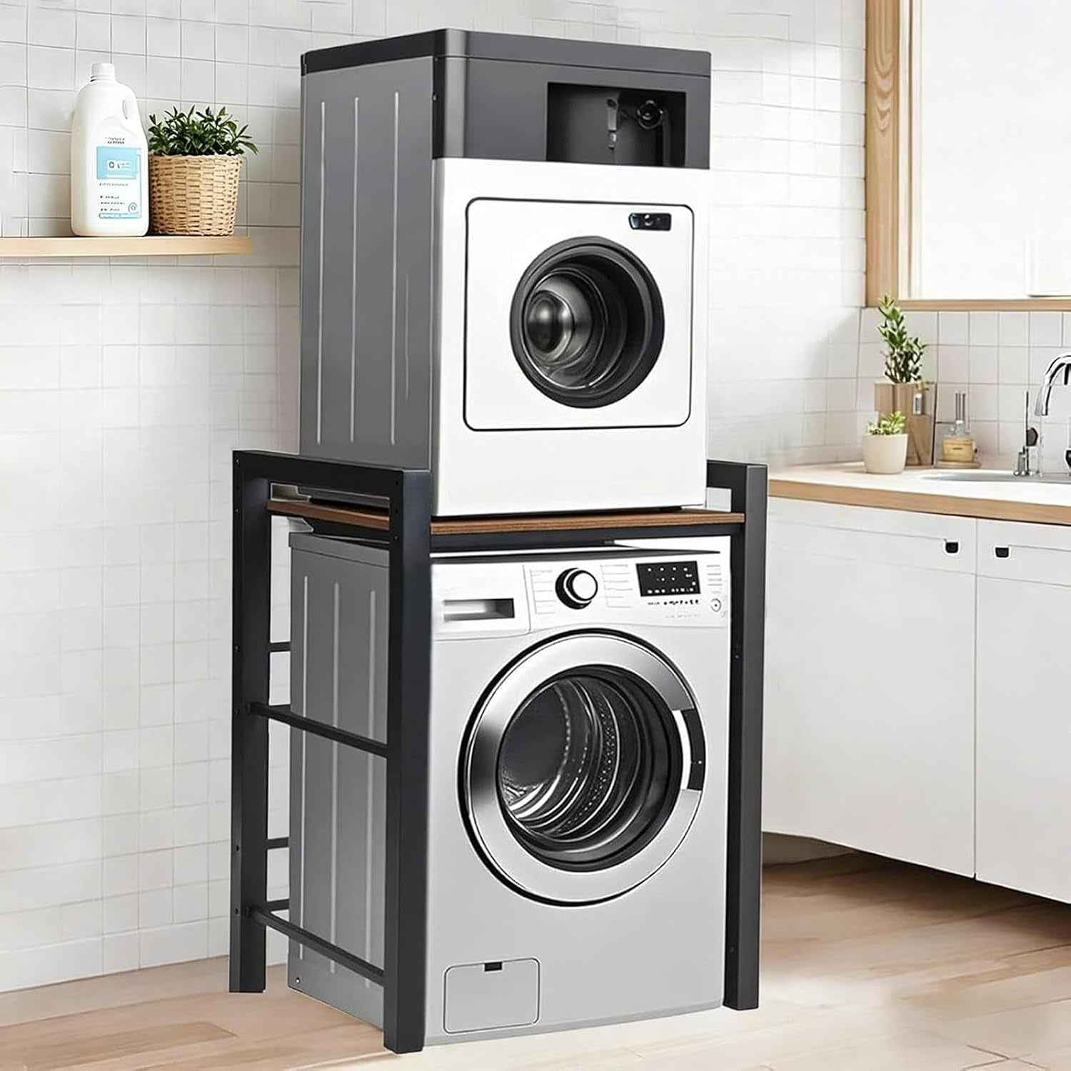 Étagère Machine À Laver, Rangement Machine a Laver Avec 3 Hauteurs Réglables, Capacité De Charge 350 Kg, Meuble De Rangement Machine a Laver Et Sèche-Linge, 75 X 67 X 105 Cm (Noir)