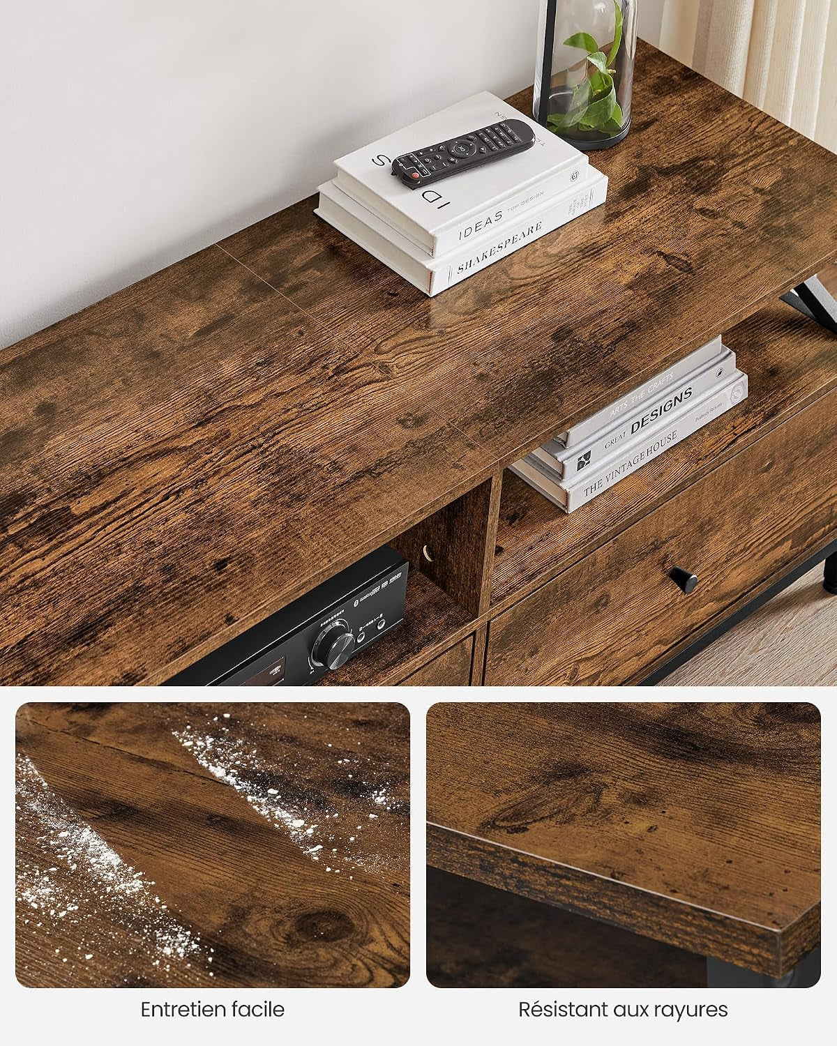 Meuble TV Pour Télévision Jusqu'À 80 Pouces, Support Télé, 3 Tiroirs En Tissu, 3 Étagères, 178 X 40 X 50 Cm, Salon, Chambre, Cadre En Acier, Marron Rustique Et Noir LTV303KD01